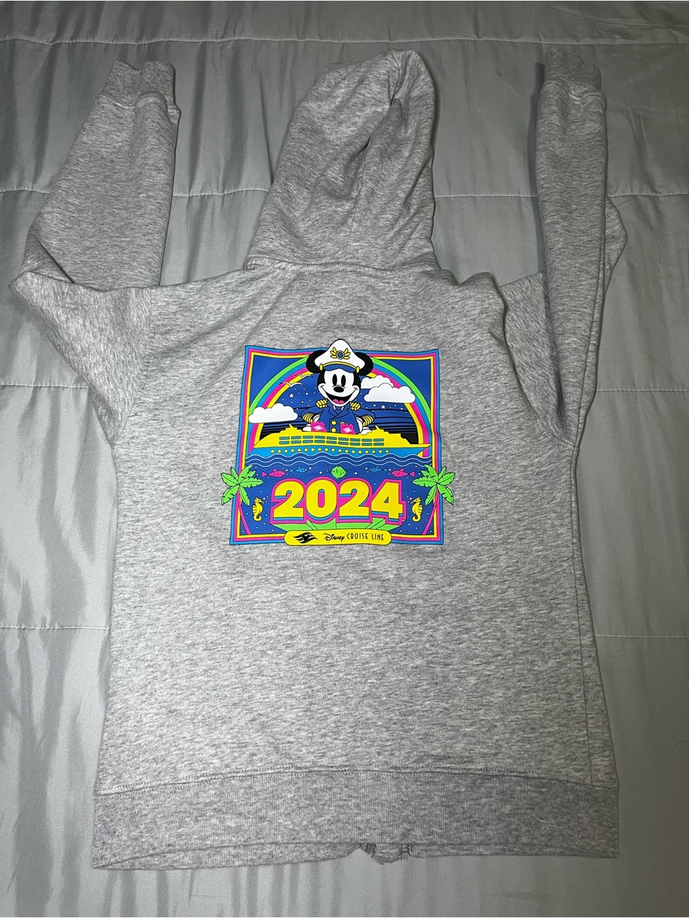 Disney Cruise Line 2024 gray zip up hoodie with Mickey Mouse graphic, size 13
